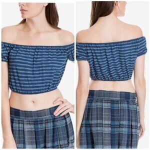 MAX STUDIOS LONDON Womens Top Crop XLarge Cotton Off The Shoulder‎ Blue Y2K 90's